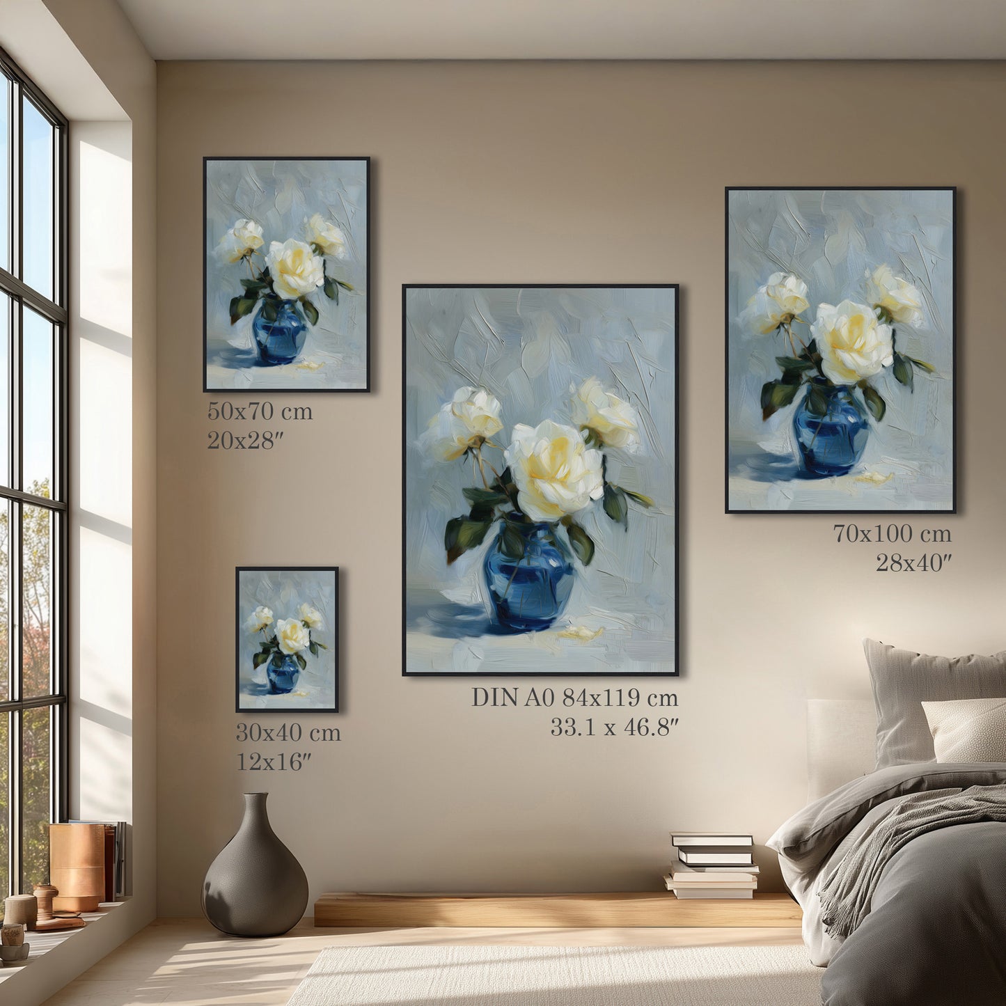 White Rose Floral Vase Painting Print