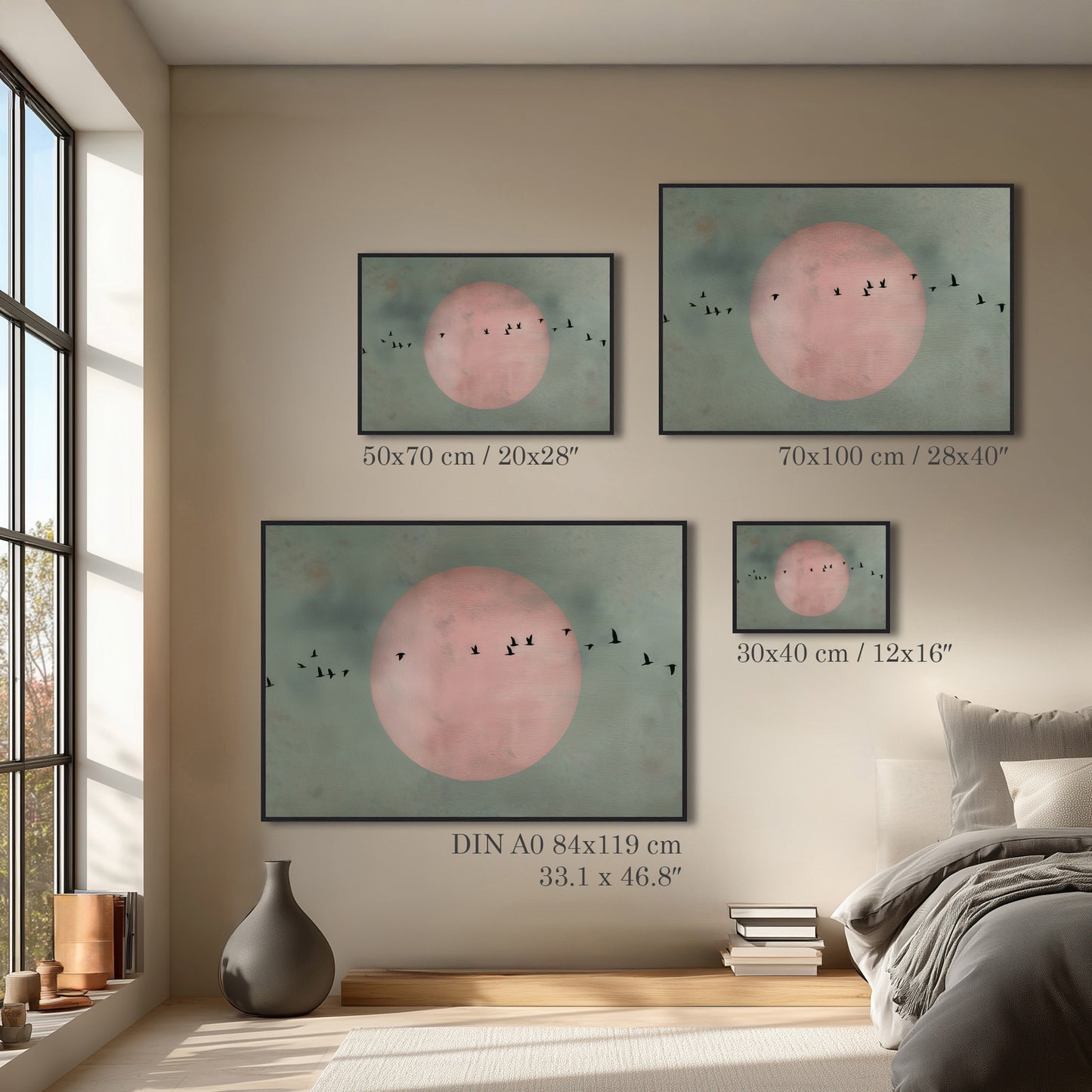 Minimal Birds and Moon Painting Print