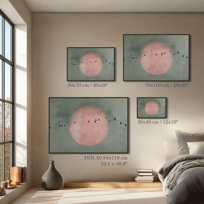Minimal Birds and Moon Painting Print