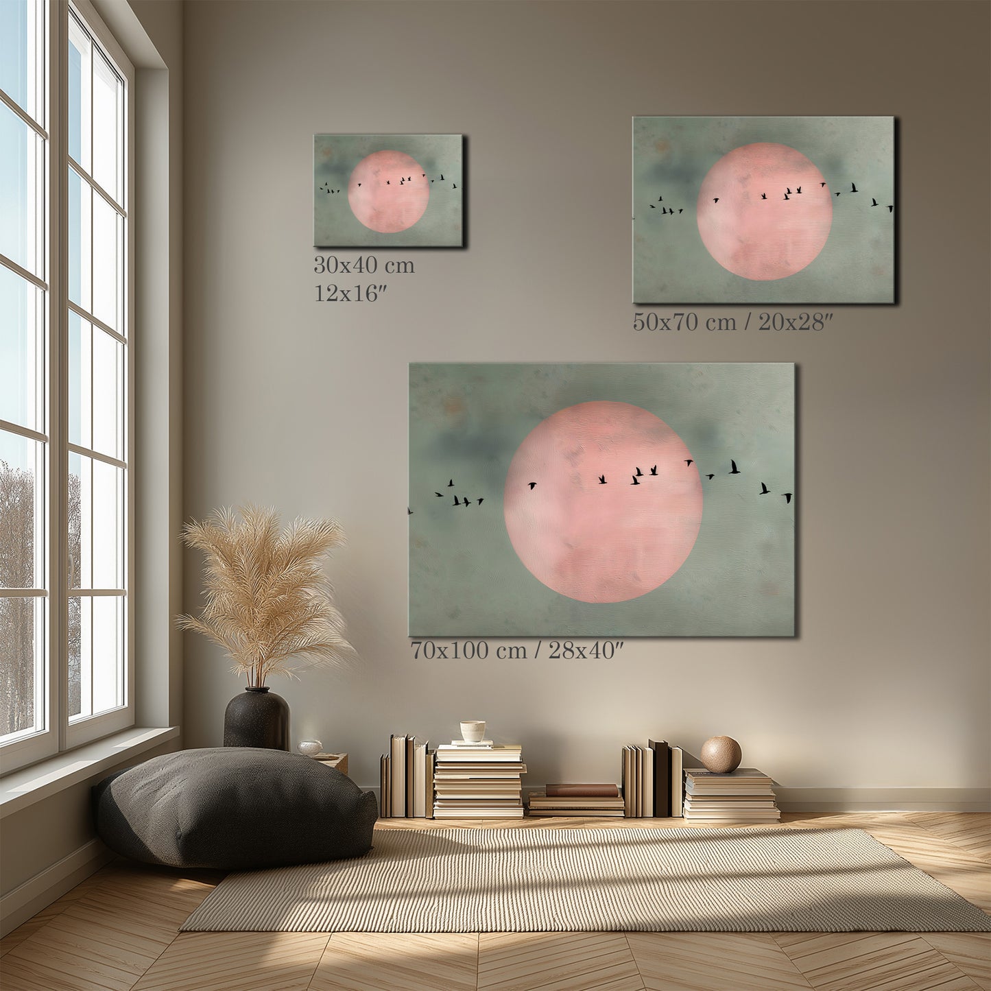 Minimal Birds and Moon Painting Canvas Print