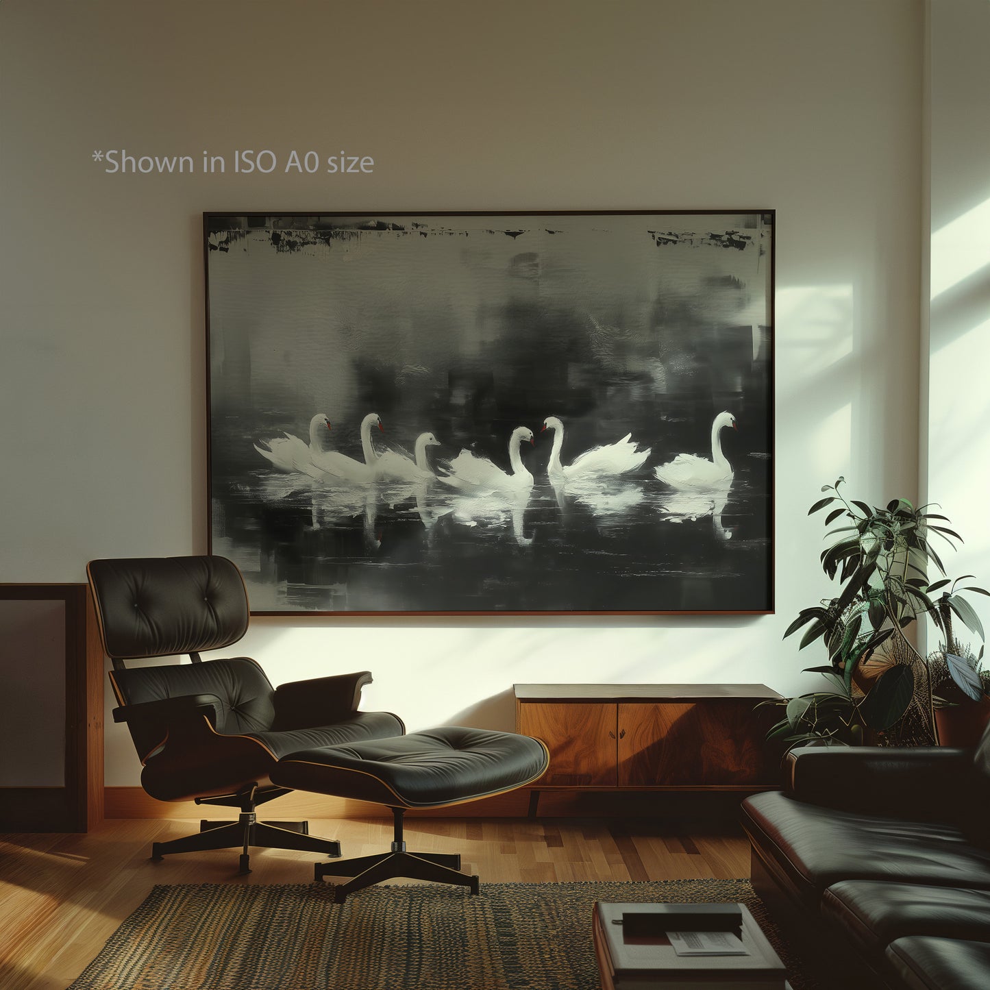 Black White Swan Lake Painting Print