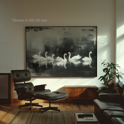 Black White Swan Lake Painting Print