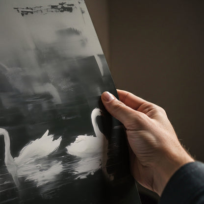 Black White Swan Lake Painting Print