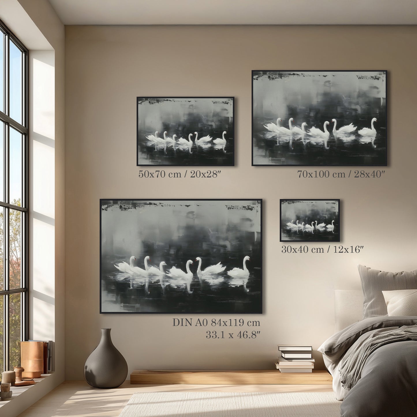 Black White Swan Lake Painting Print